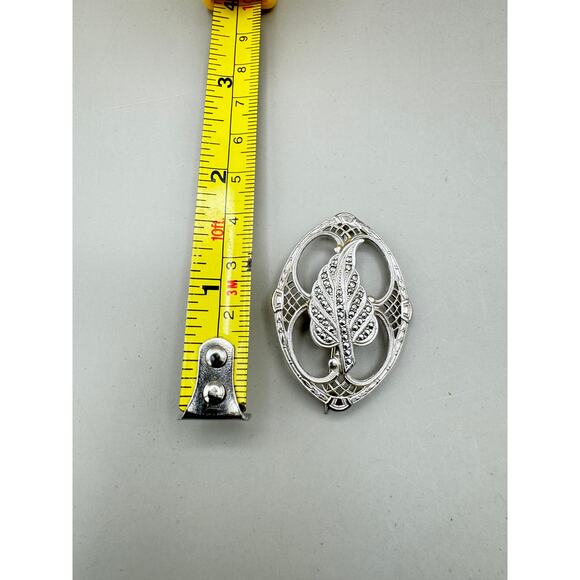 Vintage Sterling Silver Filigree Marcasite Leaf Brooch Pin - Picture 6 of 6